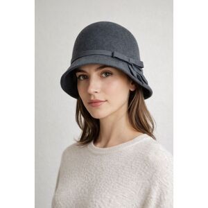 August Hat Company Gray Wool Cloche Hat Bow 1920s Style OS